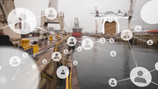 Animation of drone with cardboard box and network of connections with icons over port