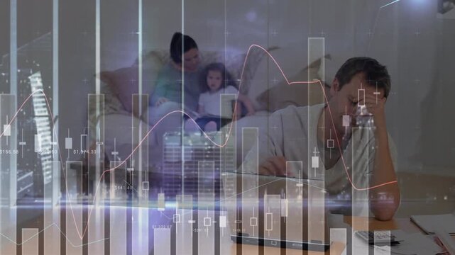 Animation of graphs and skyscrapers over caucasian man stressed over pending bills