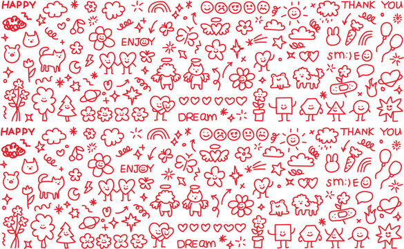A large collection of pink doodles on a white background