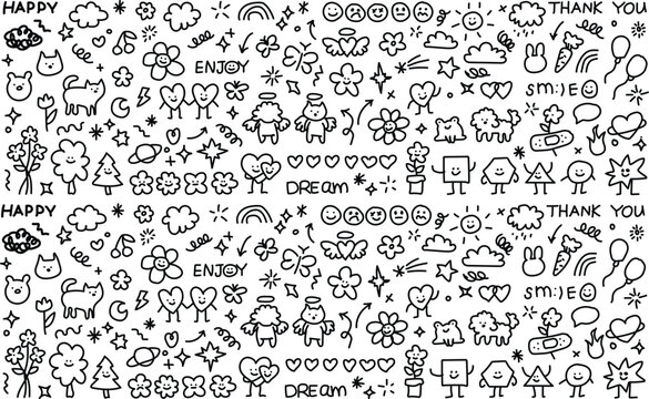 A black and white image with many cartoon doodles