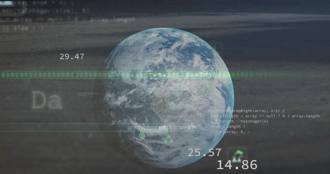 Animation of data recovery text, icons and programming language against rotating globe
