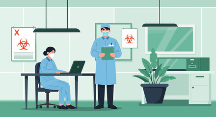Fototapeta premium Medical Professionals in Lab Coats Working in Modern Research Facility