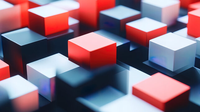 Red and white geometric cubes with a colorful red and yellow block arrangement on a white background