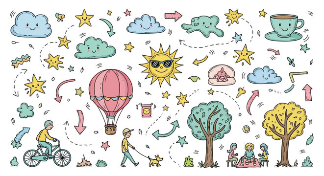 A colorful vector illustration featuring a set of funny cartoon birds and animals in a spring nature landscape with flowers, butterflies, and heart balloons for a child's card designA colorful vector 