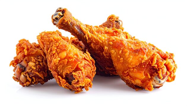 Close-up of four golden-brown, crispy fried chicken drumsticks, on a bright white background, ready to be eaten