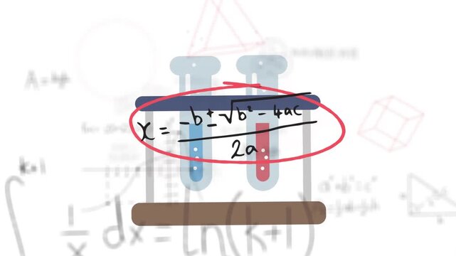 Various mathematical formulae and red geometric shapes moving around on a black background