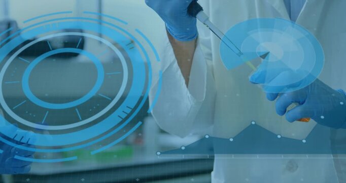 Animation of data processing and scope scanning over caucasian scientists with test tube