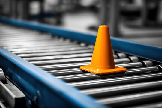 Orange safety cone conveyor belt roller industrial control concept of human oversight lonely marker warning object parallel line pattern.