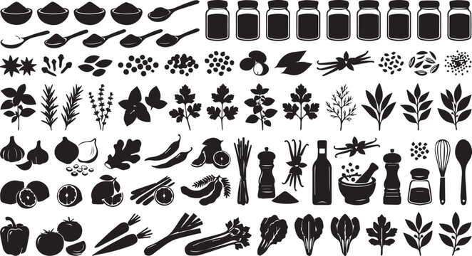 Wide Collection of Culinary Spices and Natural Ingredients in Black Silhouette