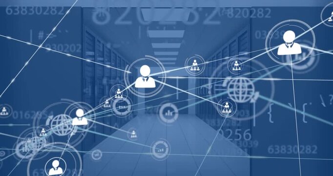 Animation of network of profile icons, changing numbers and symbols against computer server room