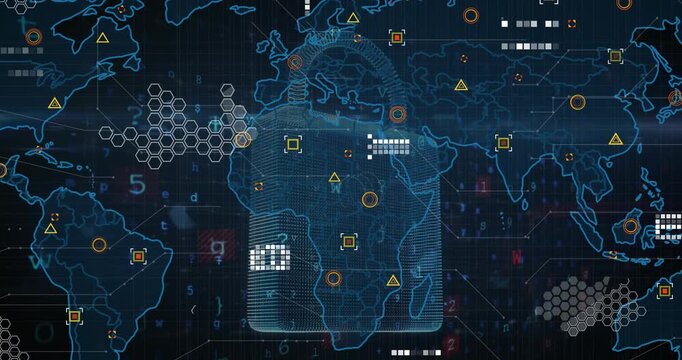 Animation of circuit board patter, padlock, letter, number, symbol over map against black background