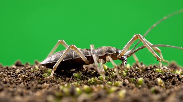 Close-Up Side View of a Camel Spider Sprinting in Brief Bursts Across Grassy Ground Isolated on Green Screen Background