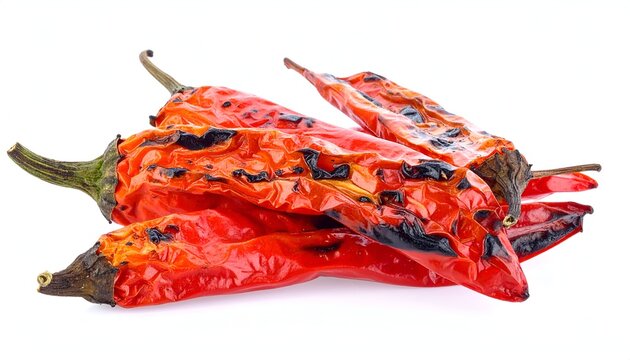 Close-up of roasted, vibrant red chili peppers. Their skin shows dark char marks against their bright color. The texture appears wrinkled and dry, atop a clean white backdrop
