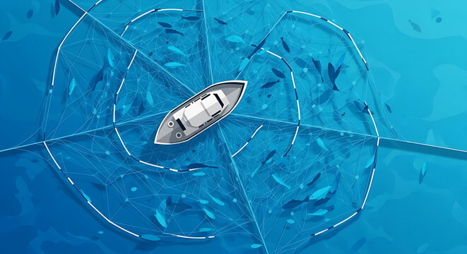 Aerial view of a fishing vessel harvesting a large school of fish within an extensive circular net system in the deep blue ocean, depicting modern aquaculture
