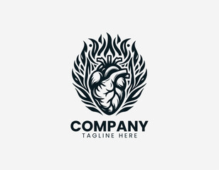 Fototapeta premium An anatomical human heart with surrounding flames is illustrated in a clean modern black vector logo illustration style on a white background