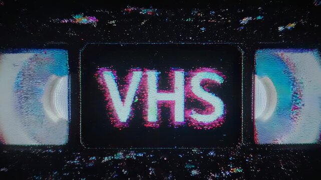 A textured VHS cassette illustration, "VHS" in neon colors. Two half-moon shapes flank the frame