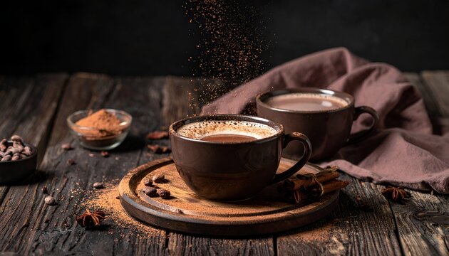 Close-up shot of two mugs of hot chocolate, with cocoa powder being poured. A rustic wooden table