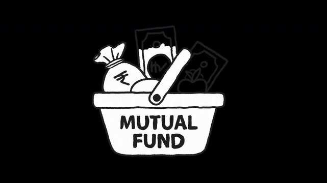 Hand drawn illustration of mutual fund shopping basket with Indian rupee money bag and banknotes 4k animated video, alpha transparent video