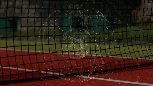 Tennis net stretching across clay court, showing clear digital mesh overlay with animated style