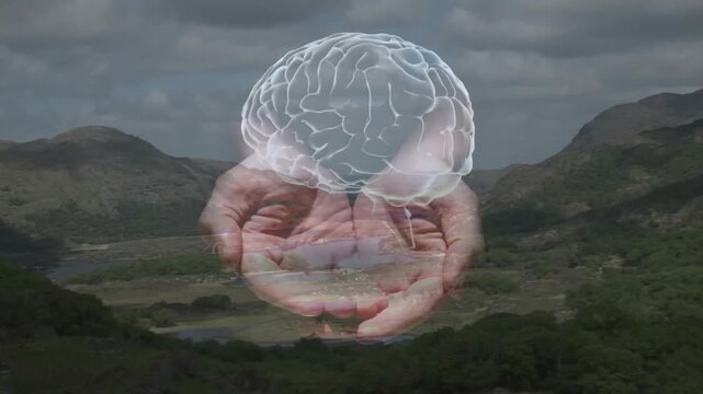 Translucent holographic brain being projected above cupped hands in mountain valley in 3D render