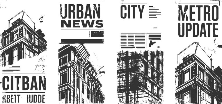 Four monochrome featuring architectural buildings and text phrases like urban news city metro update citban