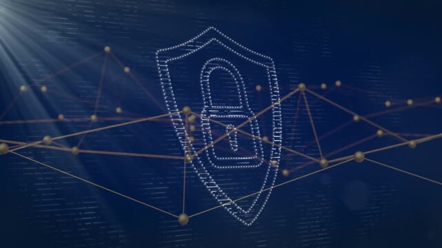 Holographic shield displaying padlock icon floating over code background, casting gold node network
