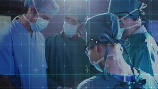 Surgeon adjusting mask causing grid overlay while medical team positioning retractor for incision