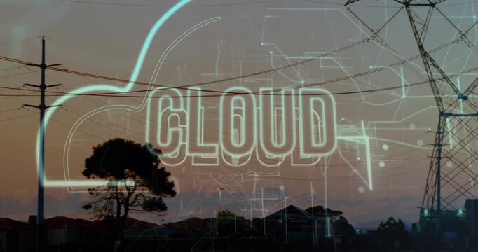 Dusk network lines animating glitching letters forming CLOUD for network demo and towers drifting