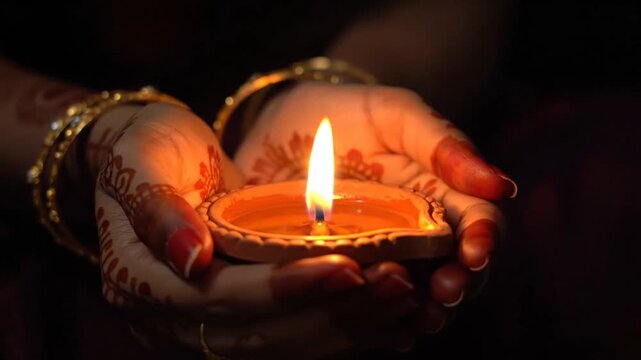 Woman holding burning clay diya with henna hands at night