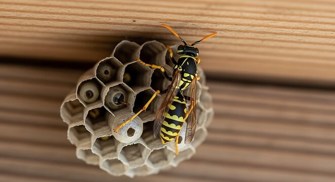 Wasp perched on honeycomb structure, insect nest, close-up view.