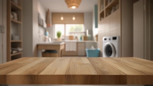 Holztisch im Vordergrund mit unscharfem Blick in eine helle moderne Waschk&uuml;che