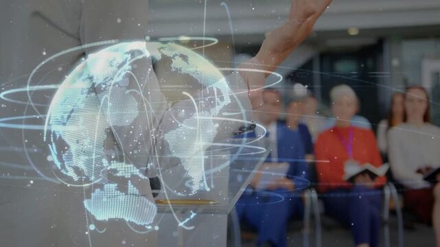 Presenter raising hand summoning globe lines mapping world and rings forming network connections