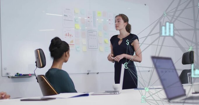 Presenter pointing sticky notes triggers animated finance and chart icons showing currency links