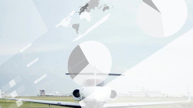 On overlay fading small private jet taxiing forward with charts forming to visualize flight data
