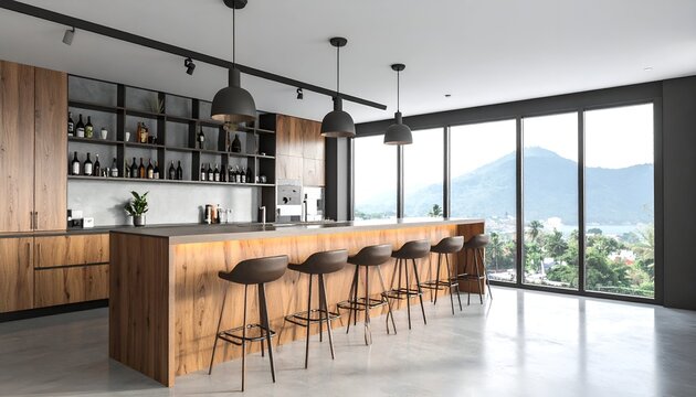 Modern kitchen with an island bar and seating, wooden cabinets, and large windows revealing a scenic view