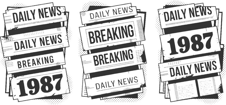 Three stacks of newspapers with headlines daily news breaking and the year 1987