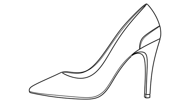 Elegant High Heel Shoe Outline Drawing Vector Illustration. Classic Stiletto Pump Footwear Line Art Graphic Design Element.