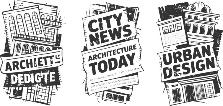 Three black and white of city buildings with newspaper headlines a r c h i t e c t s d e d i c a t e d c i t y n e w s a r c h i t e c t u r e t o d a y u r b a n d e s i g n