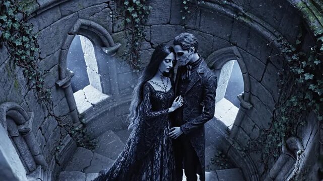 Gothic Couple Embracing in Ancient Stone Castle Tower Spiral Staircase