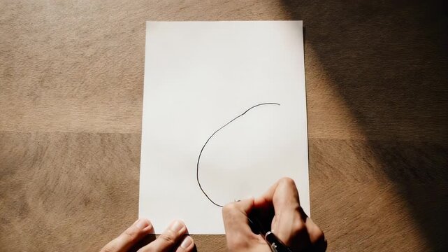 Hand holding a pen over blank paper on wooden table, illuminated by sunlight