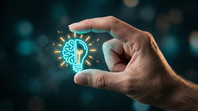 Brain and Lightbulb Concept: A hand delicately holds a glowing lightbulb illuminating a creative brain, symbolizing innovation, ingenuity and ideas. 