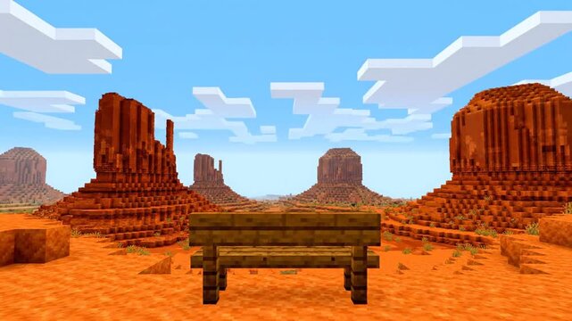 Wooden bench facing pixelated red rock mesas in desert landscape
