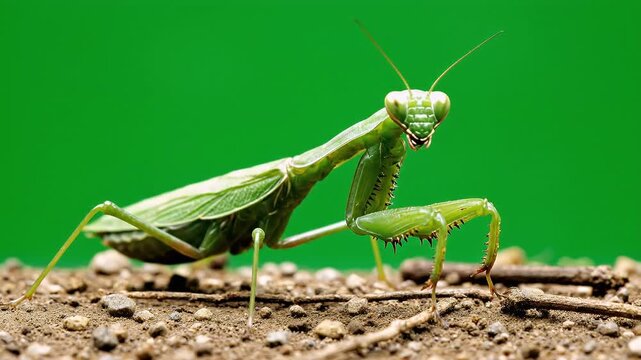 Detailed Macro View of a Green Praying Mantis Insect with Intricate Body Texture on Textured Soil Against a Vibrant Green Background