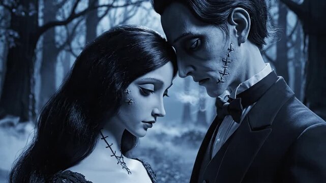 Gothic Undead Couple Embracing in a Misty Moonlit Forest