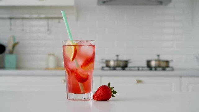 Erfrischende Erdbeerlimonade mit Eisw&uuml;rfeln und Zitronenscheibe in einer hellen K&uuml;che