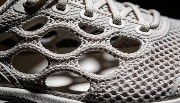 Showing light gray sneaker upper highlighting woven mesh in studio, braided overlays, metal eyelets