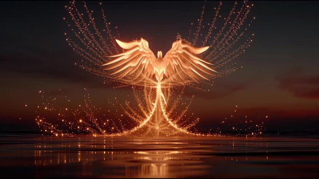 Fiery Phoenix Ascending: A mythical phoenix emerges in a blaze of fire against the backdrop of a twilight sky, embodying rebirth and transformation.