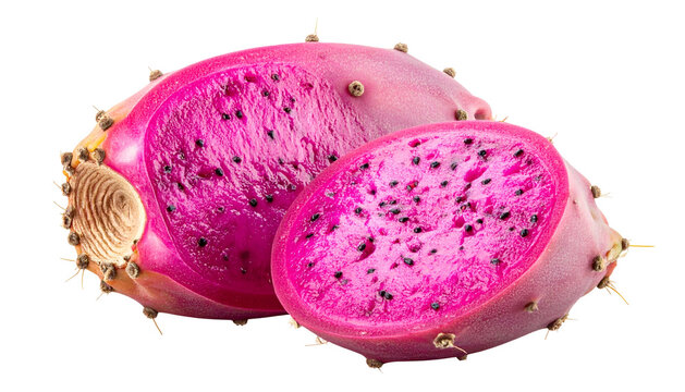 Vivid image of a prickly pear cactus fruit, sliced to reveal bright pink pulp and seeds