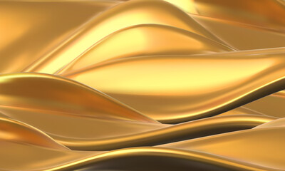 An abstract golden background with smooth, flowing, wavy metallic curves.