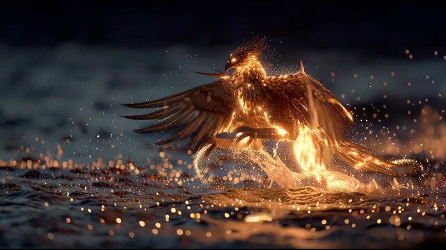 Phoenix Reborn: An image captures the mythical phoenix rising from water amidst flames, symbolizing transformation, renewal, and hope.